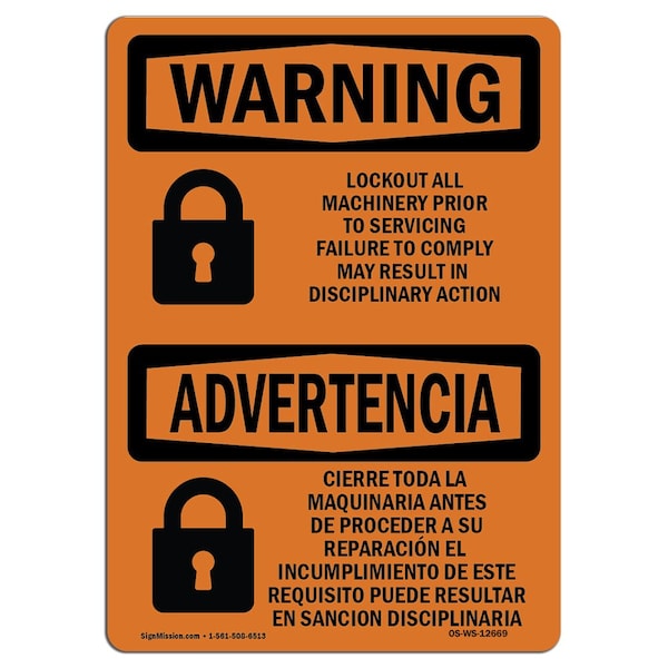 OSHA Sign Lockout Machinery Prior Servicing Bilingual 18in X 12in Alum, 18" W, 12" H, Landscape